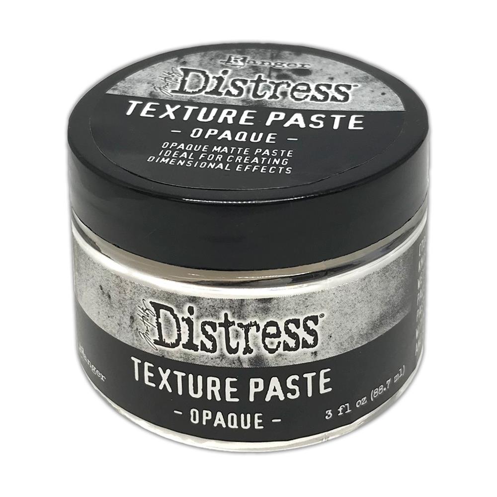 Texture Paste, Opaque - Tim Holtz Distress Dimensional Medium with solid white coverage and matte finish, 3fl oz (88.7ml) jar. Made by Ranger. This Tim Holtz Distress Texture Paste has a dimensional medium dries as you place it, with all the marks, peaks and effects you create. It is smooth white medium which dries to an opaque (white) matte finish that is flexible and can be stained, die cut, trimmed or altered.