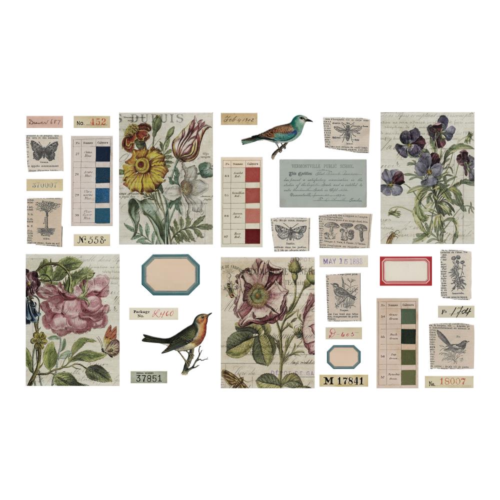 Transparent Things, volume 2 ... Idea-Ology Layers by Tim Holtz ... variety of vintage imagery printed on acetate to use as embellishments for mixed media, cardmaking, papercraft, scrapbooking and visual arts. 33 (thirty three) pieces. These acetate designs include floral arrangements, palettes and swatch sheets, flying creatures and more. TH94327. Overview of the designs.