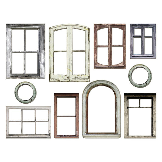 overview of Baseboard Window Frames ... by Tim Holtz Idea-Ology - Pack of 10 sturdy chipboard die cut pieces in the style of vintage windows. Use for card making, assemblage projects, off-the-page marvels and party decor.  In a variety of sizes, these wonderfully realistic styled vintage frames include ship portholes, rustic rectangles with cross frames, an arched window and more. Colours are  realistic, neutral.