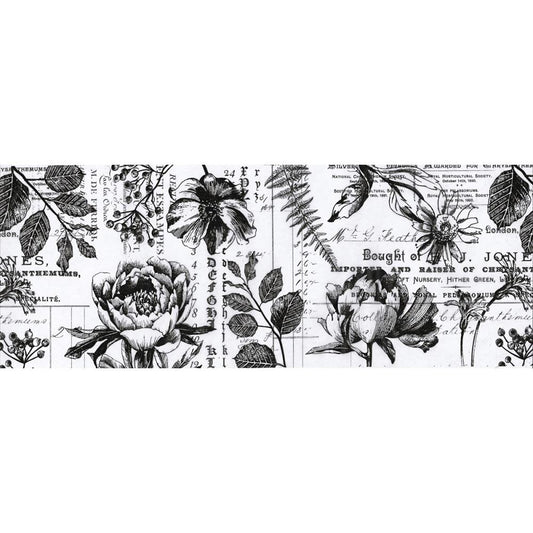 Botanical - Idea-Ology Collage Tissue Paper by Tim Holtz ... for mixed media, cards, decoupage and other creative pursuits. 6 inch wide, 6 yard roll. TH93705. A continuous sheet of printed, translucent tissue designed by Tim Holtz. This wonderful paper features gorgeous black and white flowers, foliage and text - elements inspired by a French garden to add interest for a background or used as a beautiful featured piece.