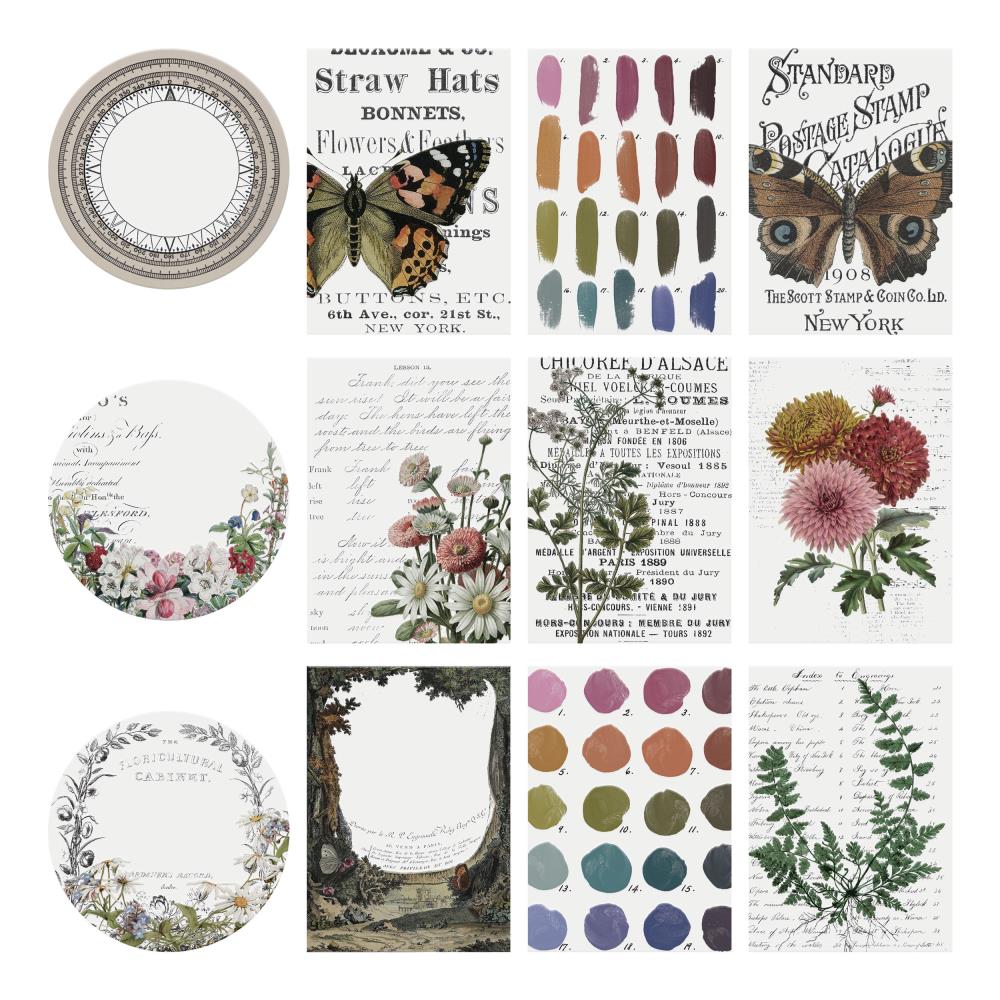 Transparent Layers ... Idea-Ology Layers by Tim Holtz ... variety of vintage imagery printed on clear acetate to use as embellishments for decorations, mixed media, cardmaking, papercraft, scrapbooking and visual arts. 12 (twelve) pieces featuring round floral frames, forest scene, butterflies, colourful swatch sheets and more. TH94326