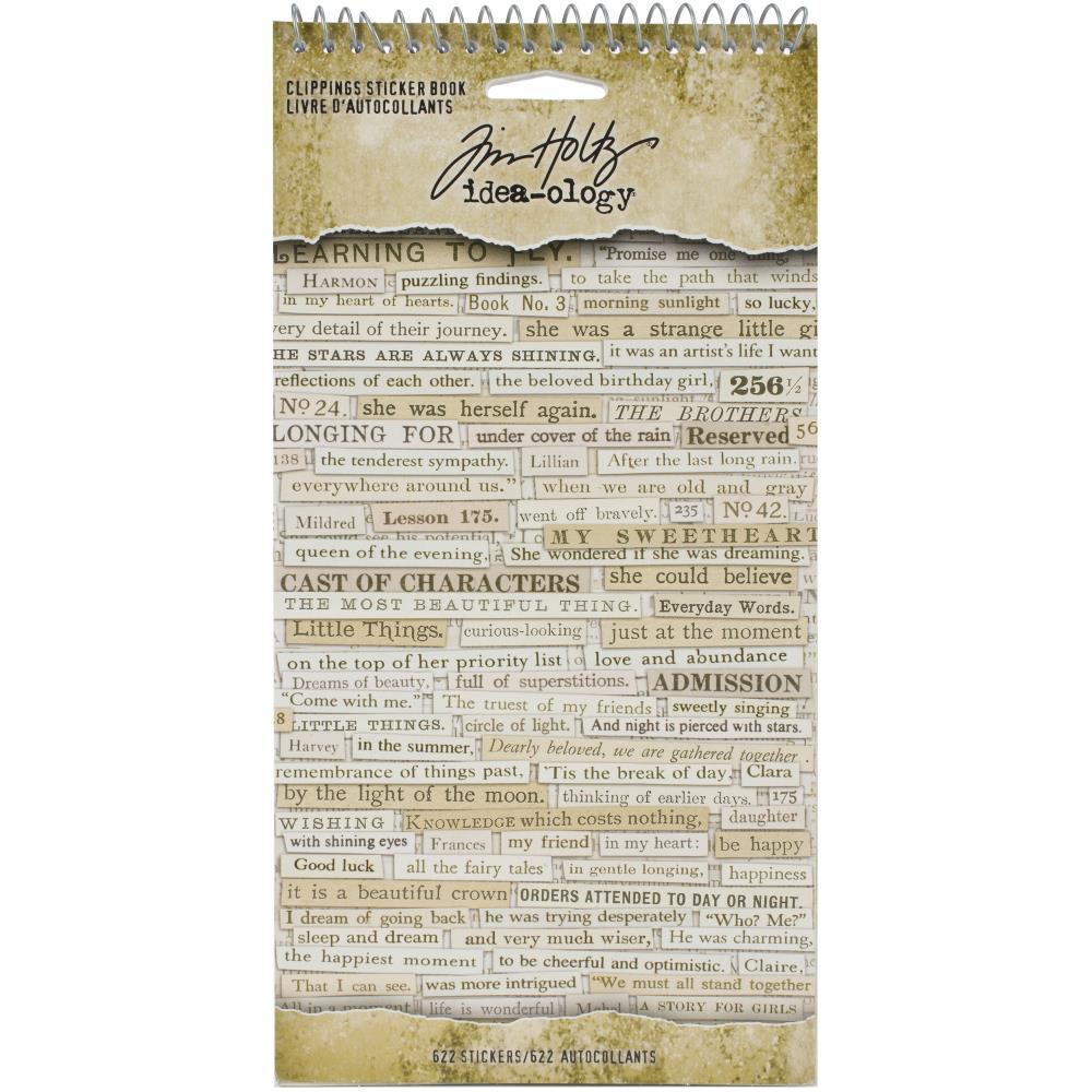Clippings ... Idea-Ology Stickers by Tim Holtz - 622 stickers on 8 pages filled with thoughtful, positive and simply wonderful phrases and words for every day. An eclectic collection of styles, fonts and typefaces. Black printing on antique white, cream, tan and light brown that will compliment almost every occasion and theme. Contents : 622 stickers on 8 pages (1 of each design). Stickers are approx : 3-7mm high, widths vary. Wire bound, 4.5" x 9". Tim Holtz for Idea-Ology, made by Advantus Corp. TH94030