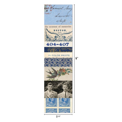 Collage Strips - Ephemera ... Idea-Ology by Tim Holtz ... die cut paper pieces to use as embellishments for decorations, mixed media, cardmaking, papercraft, scrapbooking and visual arts. Each strip is 1 1/2" x 6" long (30 pieces). TH94328. Photo of the dimensions.