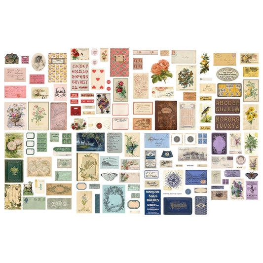 Palette - Ephemera ... Idea-Ology by Tim Holtz ... die cut printed paper embellishments for mixed media, cardmaking, papercraft, scrapbooking and visual arts (136 pieces). This beautiful collection of paper pieces features a curated selection of vintage imagery, flowers, tea cups, nature inspired patterns, typographical elements, labels, book pages, documents and other nostalgic images. TH94317. Image showing all the designs.