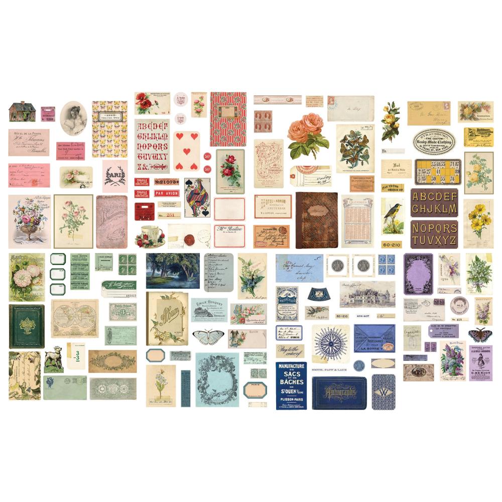 Palette - Ephemera ... Idea-Ology by Tim Holtz ... die cut printed paper embellishments for mixed media, cardmaking, papercraft, scrapbooking and visual arts (136 pieces). This beautiful collection of paper pieces features a curated selection of vintage imagery, flowers, tea cups, nature inspired patterns, typographical elements, labels, book pages, documents and other nostalgic images. TH94317. Image showing all the designs.