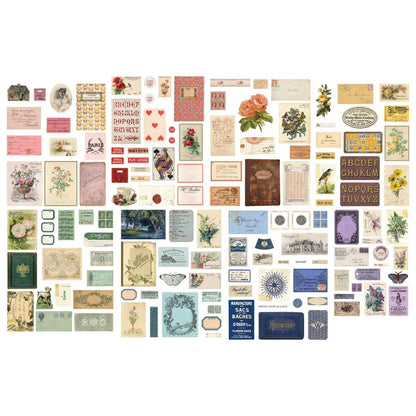 Palette - Ephemera ... Idea-Ology by Tim Holtz ... die cut printed paper embellishments for mixed media, cardmaking, papercraft, scrapbooking and visual arts (135 pieces). This beautiful collection of paper pieces features a curated selection of vintage imagery, flowers, tea cups, nature inspired patterns, typographical elements, labels, book pages, documents and other nostalgic images. TH94317. Image showing all the designs.