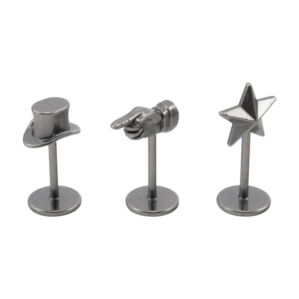 Figure Stands ... Idea-Ology Metal Adornments by Tim Holtz ... beautifully detailed silver coloured miniature top hat, pointing hand and 5-pointed star on little stands for fun, papercrafts, sculpture, game boards, visual arts and display makes. Photo showing how they look once made.