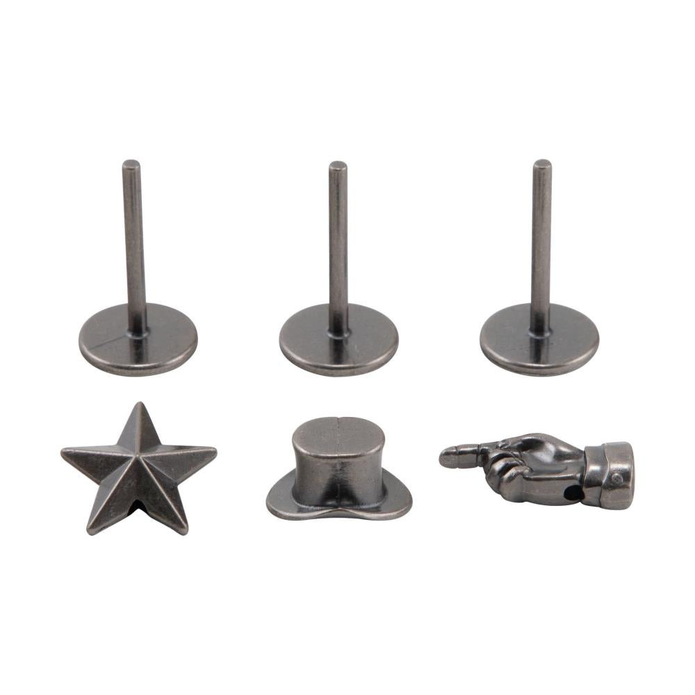 Figure Stands ... Idea-Ology Metal Adornments by Tim Holtz ... beautifully detailed silver coloured miniature top hat, pointing hand and 5-pointed star on little stands for fun, papercrafts, sculpture, game boards, visual arts and display makes. Photo showing the separate pieces.
