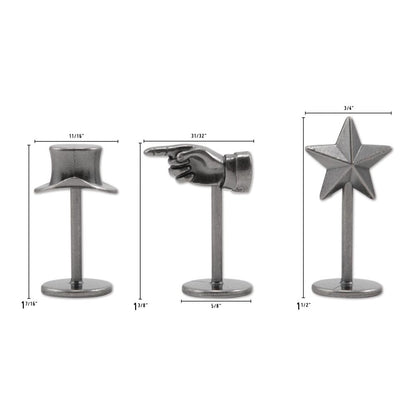 Figure Stands ... Idea-Ology Metal Adornments by Tim Holtz ... beautifully detailed silver coloured miniature top hat, pointing hand and 5-pointed star on little stands for fun, papercrafts, sculpture, game boards, visual arts and display makes. Photo showing the sizes of each piece once made.