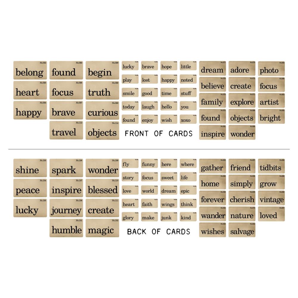an overview of the Flashcards ... by Tim Holtz Idea-Ology - Double sided rectangular cards in 3 (three) sizes, with words, thoughts and ideas printed on each side in bold easy to read lettering. 45 cards with different words on each side.
