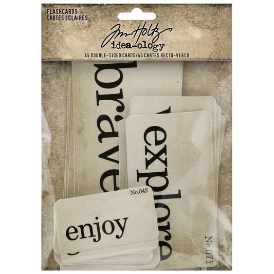 Flashcards ... by Tim Holtz Idea-Ology - Double sided rectangular cards in 3 (three) sizes, with words, thoughts and ideas printed on each side in bold easy to read lettering. 45 cards. Sizes (11) 5x2.75 inches, (14) 4x2.25 inches, and (20) 2.5x1.5 inches. Designed by Tim Holtz and Advantus Corp. TH94224.