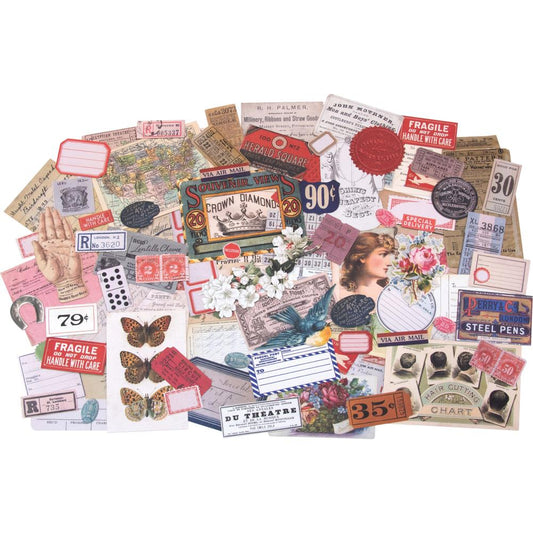 Keepsakes - Ephemera ... Tim Holtz Idea-Ology Paper Layers - an eclectic collection of printed memorabilia of found imagery from days gone by. 95 (ninety five) die cut, ready to use pieces. TH93958. This selection of beautiful designs includes a wonderful mix of vintage inspired die-cut pieces with designs of maps, airmail envelopes, flowers, portraits, labels, tickets, notes and a whole lot more. Each image is trimmed closely around each image, printed on high quality paper and cardstock.