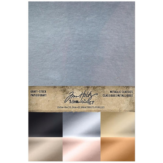 Metallic Classics - Kraft Stock Cardstock Idea-Ology Paper by Tim Holtz. Sheets of shiny smooth cardstock in gorgeous traditional metallic colours on Kraft (natural tan, brown) core. 24 Sheets, 6 Colours (4 of each) with a smooth very shiny finish. Sheet size is 6"x9" (15.24cm x 22.86cm). The top surface are coated with high gloss metallic shiny finish in the 'go with everything' colours of black, silver, gold, pewter, rose gold and copper.