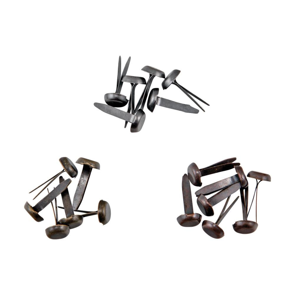 Large Fasteners ... Idea-Ology Metal Brads by Tim Holtz ... beautifully crafted and durable, these split pins or brads are the ideal fastener to use to attach layers and embellishments in visual arts of all kinds. Pack of 90 (ninety) fasteners (approx 1/4" wide, 9/16" long) in three vintage colours (pewter, copper, brass). Example.