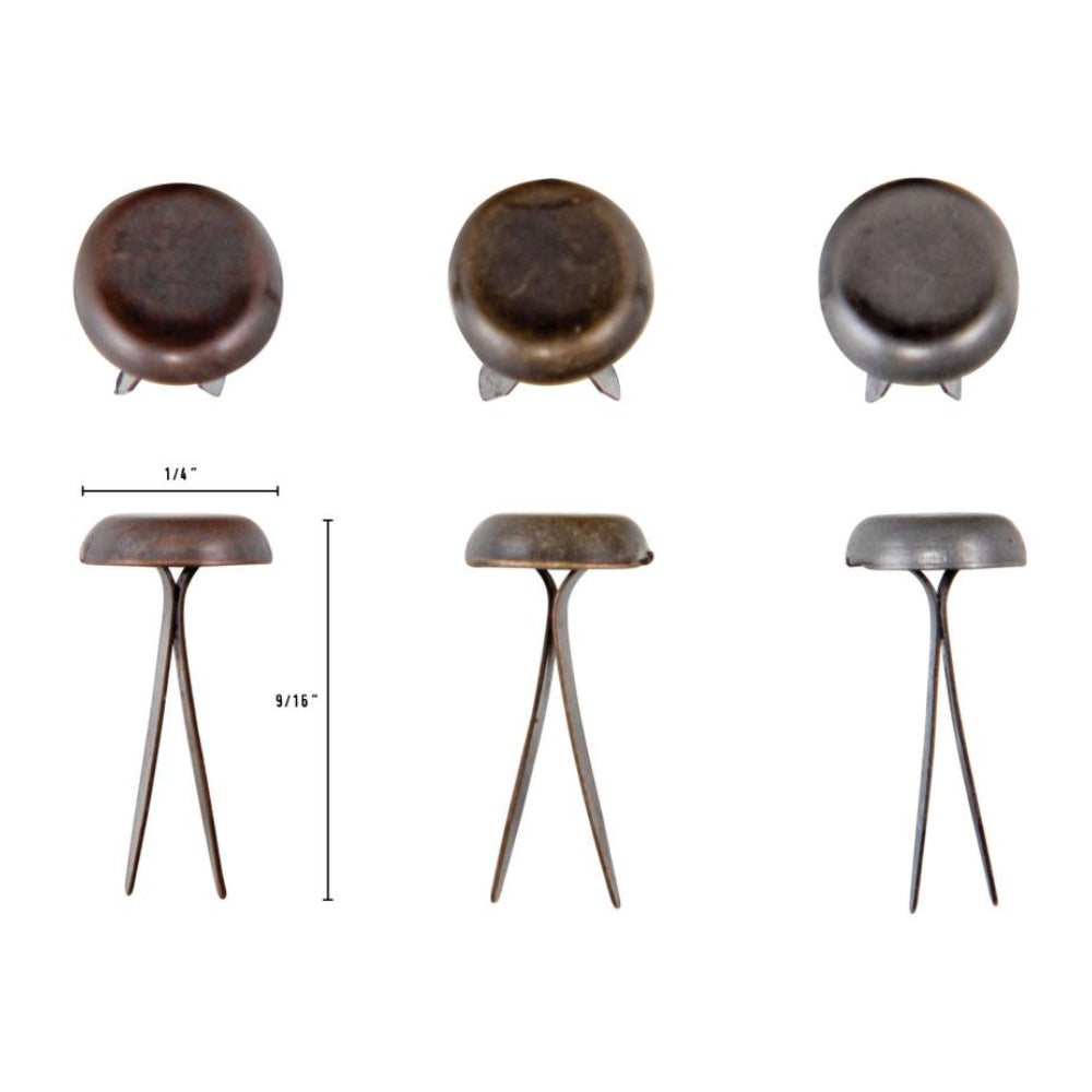 Large Fasteners ... Idea-Ology Metal Brads by Tim Holtz ... beautifully crafted and durable, these split pins or brads are the ideal fastener to use to attach layers and embellishments in visual arts of all kinds. Pack of 90 (ninety) fasteners (approx 1/4" wide, 9/16" long) in three vintage colours (pewter, copper, brass). Photo of the colours and size.