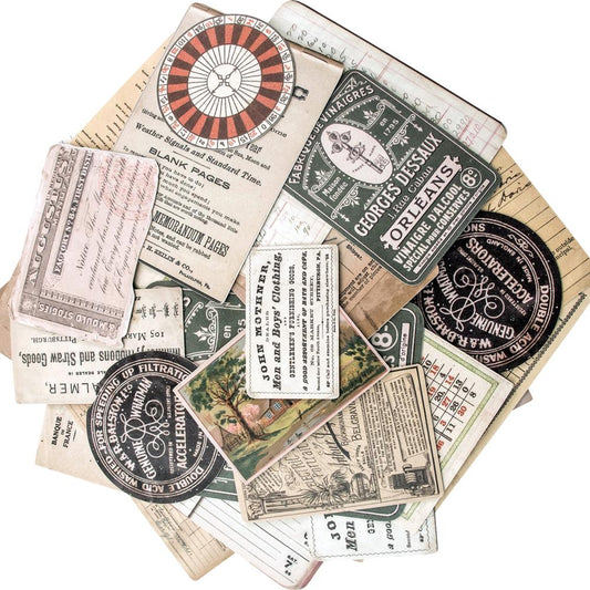Collector - Idea-Ology Layers by Tim Holtz ... an eclectic selection of vintage labels, tags, salvaged papers, game cards and more. Pack of 32 (thirty two) pieces in beautiful vintage neutral colours and plain white on the back. Collector Idea-Ology die cut pieces are neatly trimmed out of quality smooth cardstock - ready to use at a moment's notice. This curated gathering includes stationery, diary page, tables, roulette table, ledgers, bingo or game cards, tags, vintage labels. TH93553 Sample of the pack.