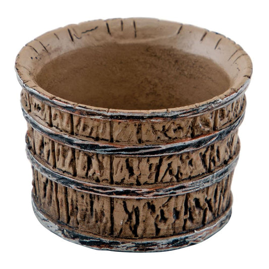 Mini Barrel Idea-Ology by Tim Holtz - Miniature dimensional faux timber coopered barrels made of resin, stained to look authentic. Used for decor, assemblage projects, diorama, off-the-page marvels and party decor. Pack of 2 (two), each 1 1/2" x 1" high in size. Fill with your favourite ghoulish or festive decorations, flowers, bubbles, baubles or other mini addition. TH94238. Pack of one barrel showing the inside.