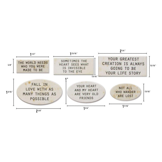 Chipboard Quote Chips ... Idea-Ology by Tim Holtz ... variety of messages and sayings printed on various shaped baseboard pieces, to use as embellishments for decorations, mixed media, cardmaking, papercraft, scrapbooking and visual arts. TH94320. Photo of the sizes and shapes.