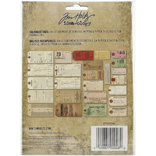 Salvaged Tags, Idea-Ology - by Tim Holtz ... Assorted Sizes and Various Shapes. Pack of 25 die cut printed tags with reinforced holes and 1 (one) length of natural white string, 3 yards long. Picture showing the various designs. TH94048