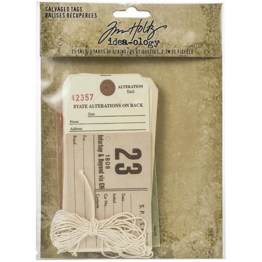 Salvaged Tags, Idea-Ology - by Tim Holtz ... Assorted Sizes and Various Shapes. Pack of 25 die cut printed tags with reinforced holes and 1 (one) length of natural white string, 3 yards long. TH94048