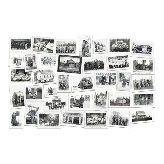 overview of SnapShots  vol 1 ... by Tim Holtz Idea-Ology - 36 vintage photos in black and white, with wide borders in a variety of sizes. Scrapbooking, mixed media, junk journals, cardmaking and other visual arts.  Capture timeless nostalgia  with these beautiful vintage photographs and images, perfect for adding a memorable touch to your makes. All images have a white border, enough to add thoughts, and for altering with a deckled edge.