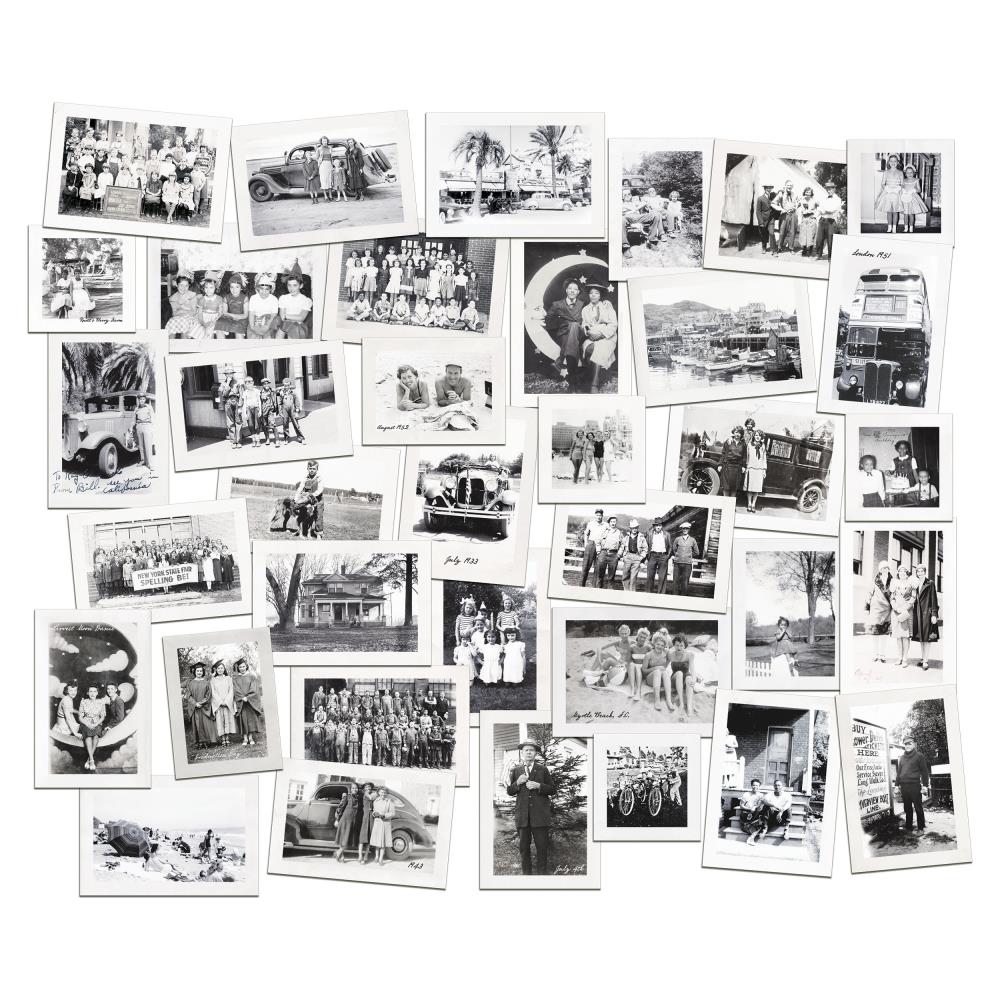 Snapshots (volume 2) ... Idea-Ology Layers by Tim Holtz ... variety of vintage inspired photographs printed on cardstock with white borders to use as embellishments for decorations, mixed media, cardmaking, papercraft, scrapbooking and visual arts. group photo of 36 (thirty six) pieces. TH94322