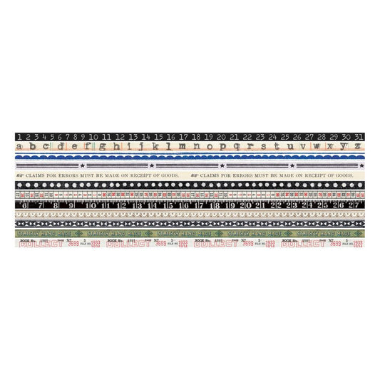 Trims - Narrow Washi, Design Tape by Tim Holtz Idea-Ology - 12 (twelve) rolls of decorative adhesive narrow tape, each 6mm wide, 4 yards (3.66 metres) long. 1 (one) of each design. Add a touch of vintage edging with Tim Holtz Idea-Ology Design (washi) Tape to borders, edges and dividers. , picture shows overview of the designs
