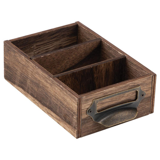 Vignette Card File ... Idea-Ology Wooden Box by Tim Holtz TH94243 - 1 (one) brown open box frame or tray with 2 (two) dividers and metal handle pull. Wooden, shallow box to use for storage, creating off the page creations or mixed media projects. Imagine this divided small box as a sewing caddy, box for swatch tags or drawer for artist trading cards?