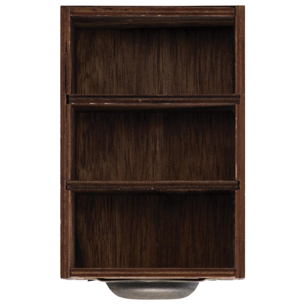 Vignette Card File ... Idea-Ology Wooden Box by Tim Holtz TH94243 - 1 (one) brown open box frame or tray with 2 (two) dividers and metal handle pull. Wooden, shallow box to use for storage, creating off the page creations or mixed media projects. Imagine this divided small box as a sewing caddy, box for swatch tags or drawer for artist trading cards?