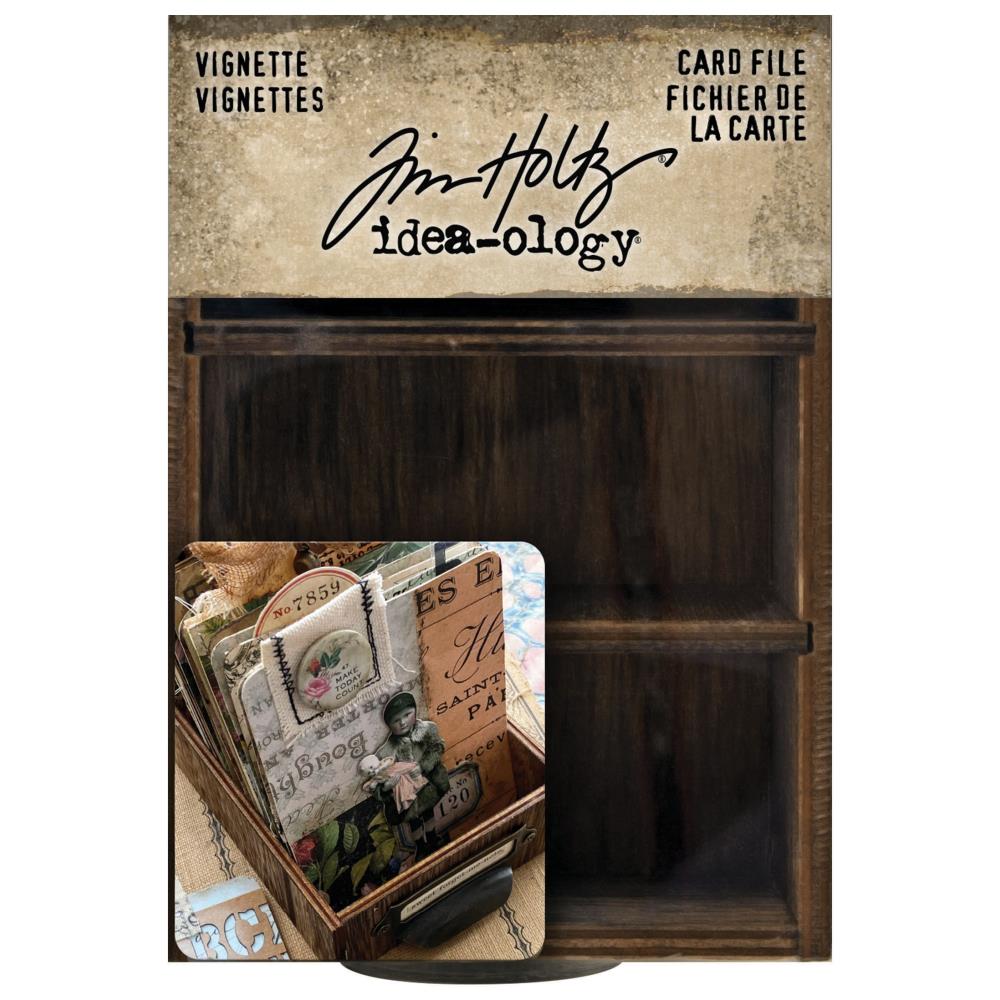 Vignette Card File ... Idea-Ology Wooden Box by Tim Holtz TH94243 - 1 (one) brown open box frame or tray with 2 (two) dividers and metal handle pull. Wooden, shallow box to use for storage, creating off the page creations or mixed media projects. Imagine this divided small box as a sewing caddy, box for swatch tags or drawer for artist trading cards?