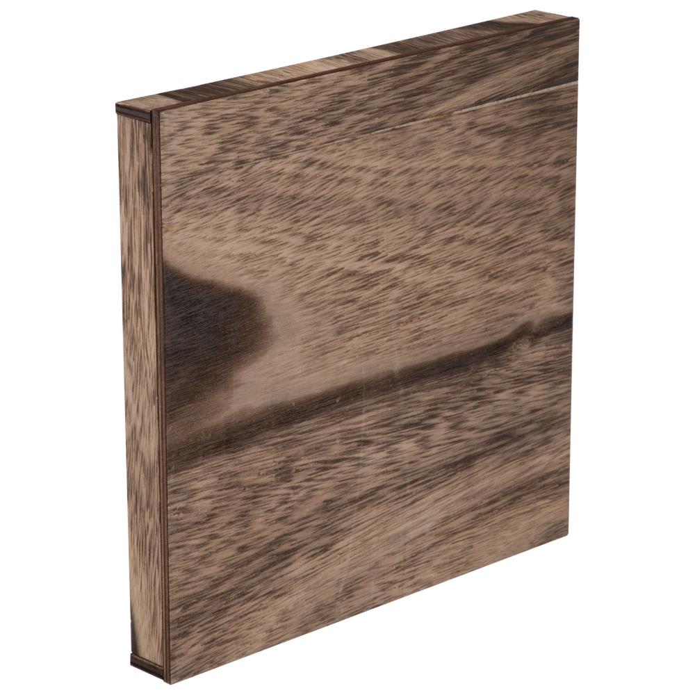 Vignette Display Tray - Square 9"x9" ... by Tim Holtz Idea-Ology. Wooden, shallow open-top box or tray to use for home decor, gifts, creative frames or mixed media projects. 1 (one) tray 9" x 9" x 1" deep. Wooden Vignette Boxes are ideal for creating gifts, assemblage, displays, frames, dimensional collage and mixed media projects. , photo of the back of the tray, angled view showing depth of the sides.