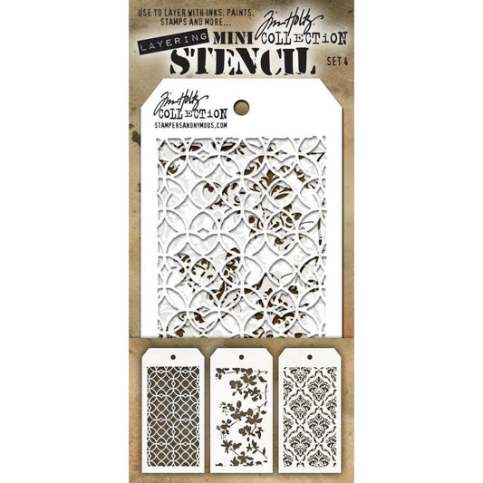 Mini Set no.4 - Latticework - Blossom - Gothic ... 3 (three) layering stencils by Tim Holtz (MTS004). Latticework is an intricate design inspired by fencing or divider for a garden. Blossom is a design featuring flowers and leaves. Gothic is a beautiful design reminiscent of a William Morris tapestry. This set of 3 (three) Tim Holtz layering stencils features designs that are also available in a larger size (each sold separately).