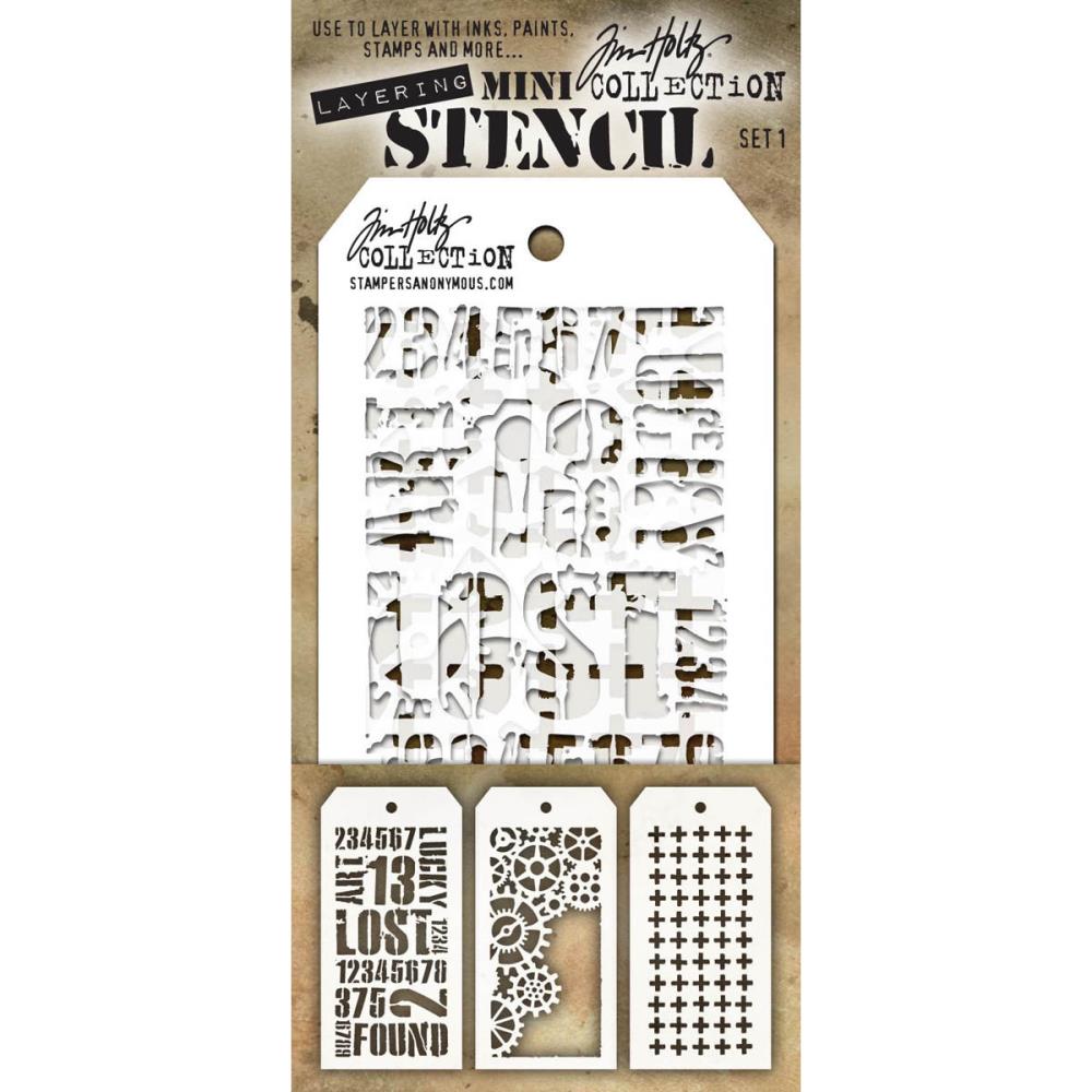 Set 1 - Mini Layering Stencils by Tim Holtz ... 3 (three) designs - Industrial, Gears and Plus. One of each, approx 8cm x 16cm in size. (MTS019) by Stampers Anonymous. A versatile set of three small stencils (8cm x 16cm tag) featuring jumbed words and numbers in uppercase traditional stencil-style font (Industrial), collection of cogs joined together in the upper half of the design (Gears), and a uniform pattern of crosses in evenly spaced rows down the whole area of the stencil (Plus).