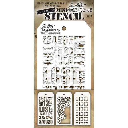 Set 1 - Mini Layering Stencils by Tim Holtz ... 3 (three) designs - Industrial, Gears and Plus. One of each, approx 8cm x 16cm in size. (MTS019) by Stampers Anonymous.   A versatile set of three small stencils (8cm x 16cm tag) featuring jumbed words and numbers in uppercase traditional stencil-style font (Industrial), collection of cogs joined together in the upper half of the design (Gears), and a uniform pattern of crosses in evenly spaced rows down the whole area of the stencil (Plus).