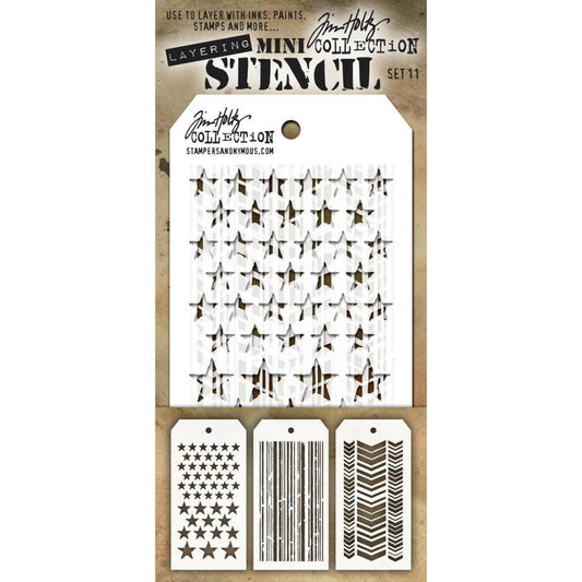 Set 11 - Mini Layering Stencils by Tim Holtz ... 3 (three) designs - Stars, Stripes, Chevron. One of each, approx 8cm x 16cm in size. (MST011) by Stampers Anonymous.   A versatile set of three small stencils (8cm x 16cm tag) featuring a background of 5-pointed stars of 2 sizes, in 2 areas, large and small (Stars), inky lines of varying thickness down the length of the area (Stripes), arrows of various thickness in 3 sizes (smallest, large, small) pointing down the area (Chevron).