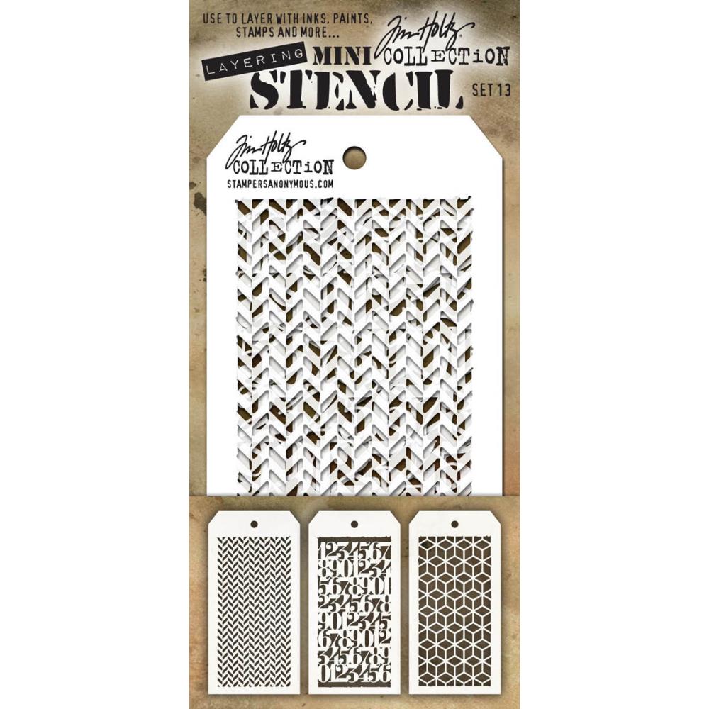 Set 13 - Mini Layering Stencils by Tim Holtz ... 3 (three) designs - Herringbone, Countdown, Blocks. One of each, approx 8cm x 16cm in size. (MST013) by Stampers Anonymous. A versatile set of three small stencils (8cm x 16cm tag) featuring a traditional woven fabric pattern of short diagonal lines (Herringbone), rows of numerals (1 to 0) in a thick serif font repeated continuously down the area (Coundtown), pattern of lines drawn in a way they appear to be cubes (Blocks).