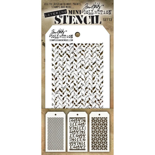 Set 13 - Mini Layering Stencils by Tim Holtz ... 3 (three) designs - Herringbone, Countdown, Blocks. One of each, approx 8cm x 16cm in size. (MST013) by Stampers Anonymous.   A versatile set of three small stencils (8cm x 16cm tag) featuring a traditional woven fabric pattern of short diagonal lines (Herringbone), rows of numerals (1 to 0) in a thick serif font repeated continuously down the area (Coundtown), pattern of lines drawn in a way they appear to be cubes (Blocks).
