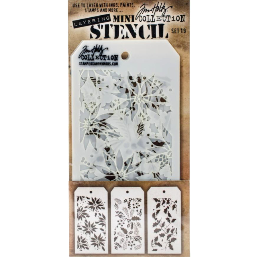Set 19 - Mini Layering Stencils by Tim Holtz ... 3 (three) designs - Poinsettia, Festive and Hollybough. One of each, approx 8cm x 16cm in size. (MTS019) by Stampers Anonymous. A beautiful set of three small stencils (8cm x 16cm tag), with patterns of poinsettia flowers and leaves (Poinsettia), stylized holly leaves and berries (Festive), branch of holly leaves (Hollybough).