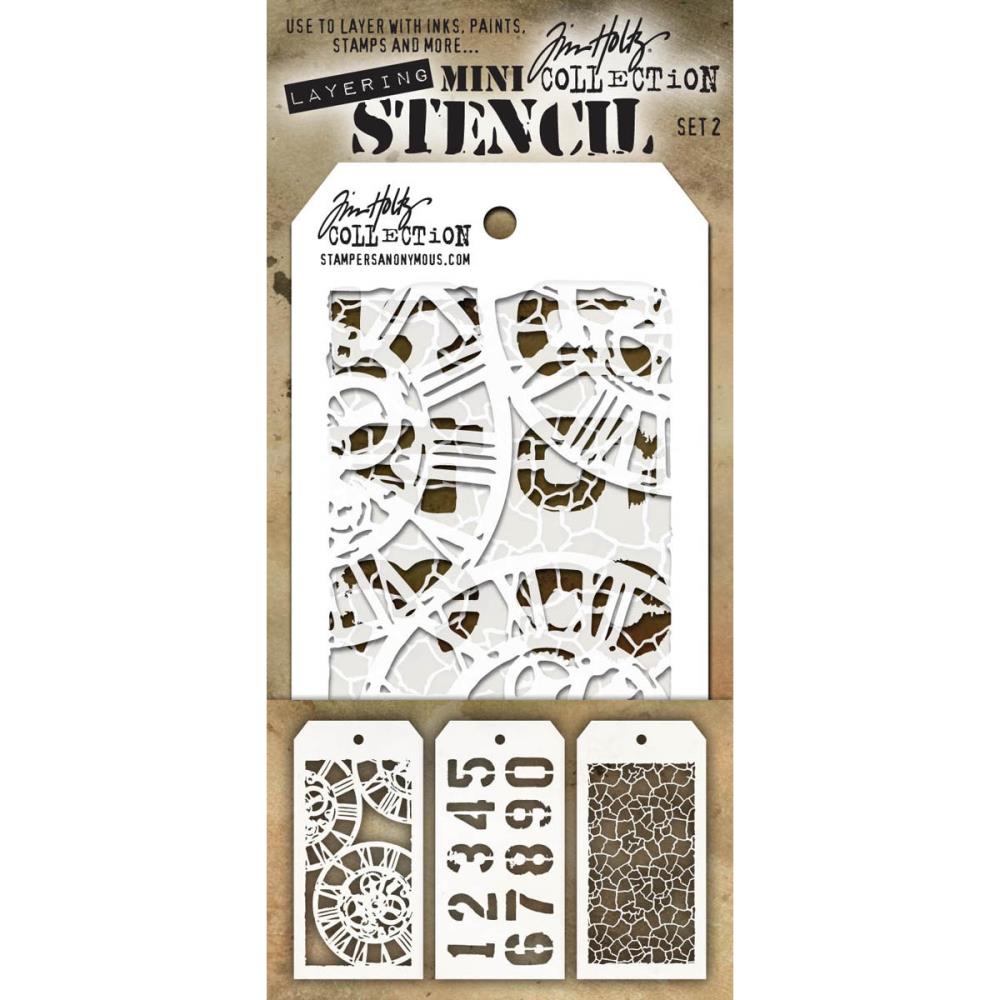 Set 2 - Mini Layering Stencils by Tim Holtz ... 3 (three) designs - Clockwork, Numbered, Crackle. One of each, approx 8cm x 16cm in size. (MST002) by Stampers Anonymous. A versatile set of three small stencils (8cm x 16cm tag) featuring clockfaces with roman numerals (Clockwork), rustic numbers (1 2 3 4 5 6 7 8 9 and 0) in a traditional stencil-style font (Numbered), pattern of rugged cracks and fine lines over the whole area (Crackle).