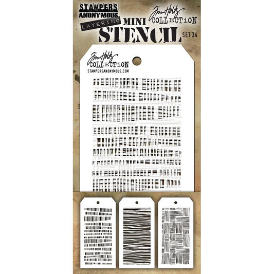 Mini Layering Stencils, set 34 - by Tim Holtz and Stampers Anonymous (thms034). 3 (three) stencils named Code, String, Thatched, one of each design, 8cm x 16cm with a design area of 6cm x 12.5cm. Code features rows of little vertical lines, set out to look like thick wavy stripy lines; String needs no explanation except to say its lots of straight organic lines that look like string! Thatched features horizontal and vertical lines inspired by weaving.