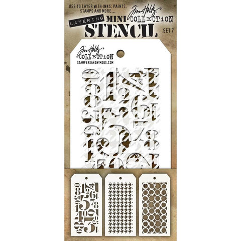 Set 7 - Mini Layering Stencils by Tim Holtz ... 3 (three) designs - Numeric, Houndstooth, Rings. One of each, approx 8cm x 16cm in size. (MST007) by Stampers Anonymous.   A versatile set of three small stencils (8cm x 16cm tag) featuring jumbled numbers large and small, in a serif font (Numeric), vintage fabric pattern over the whole area (Houndstooth), rustic inky circles joined together in rows to cover the whole area of the stencil (Rings). 