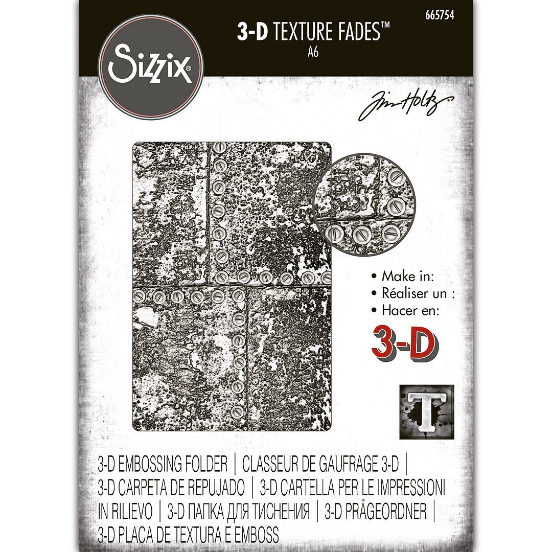 Industrious - 3D Texture Fades Embossing Folder ... by Tim Holtz and Sizzix (no.665754). This fantastic embossing folder design features the markings and texture of vintage metal rusty sheets of steel, covering the whole surface of the embossing folder. Another amazing design from Tim that will inspire you to create every day. Size A6, 4 1/2" x 6 1/2".