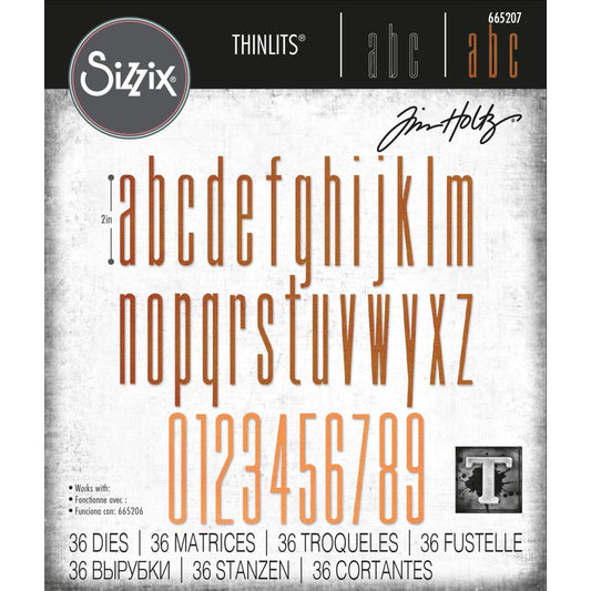 Alphanumeric Stretch - Lower Case, 2.5 inch tall ... by Tim Holtz - alphabet and numbers die cutting templates from Sizzix (no.665207). Matching upper case alphabet with punctuation is also available, sold separately. Cut out letters and their shadow in a ultra condensed san serif typeface similar to Franklin Gothic or Arial Narrow (block letters with very thin lines). Use the Sticky Grid Sheets or Washi Tape (each sold separately) to keep your letters straight.