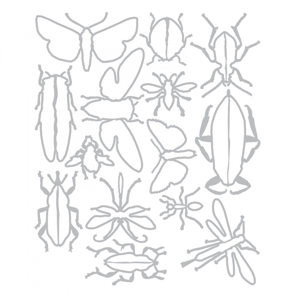 overview of Entomology ... by Tim Holtz - Sizzix Framelits Die Cutting Templates (no. 663068) featuring 14 (fourteen) different species of flying and crawling insects. This set of chemical-etched thin metal dies are designed to cut out the coordinating stamp set from Tim Holtz called Entomology (cms328, sold separately) easily with precision. The die set includes 14 pieces - insects include cicada, moth, beetles, an ant, wasp, bees, ladybug (lady beetle) and more.