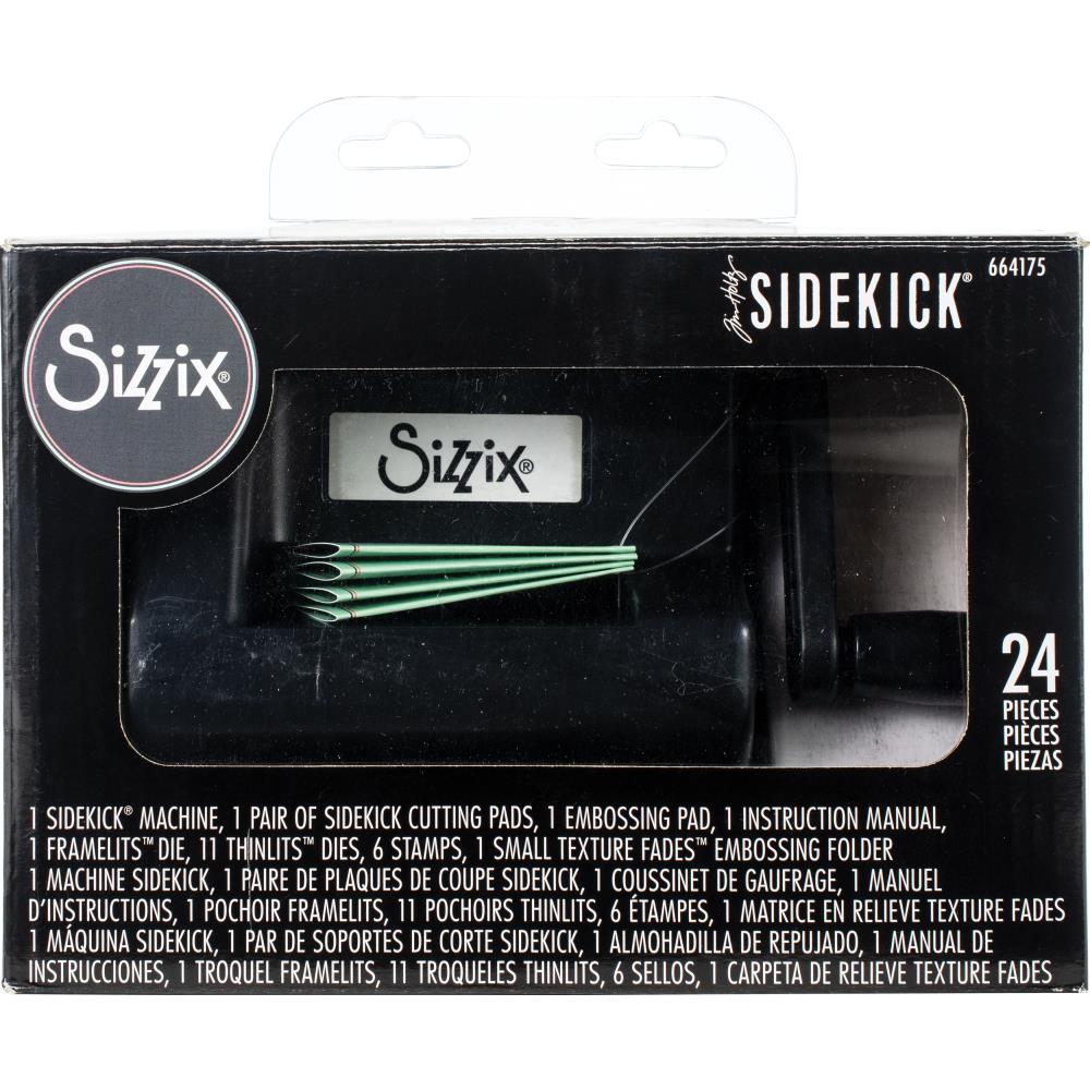 Sizzix Tim Holtz Sidekick Die Cutting and Embossing Machine in boxed in packaging, showing the front window view of the box with the black Sidekick inside.