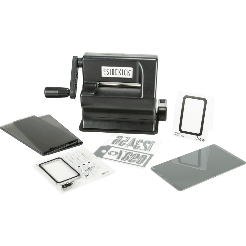 Sizzix Sidekick Die Cutting and Embossing Machine in Black ... Portable and Light Yet Strong - Tim Holtz Signature Design plus Accessories. The Tim Holtz Sizzix Sidekick Machine is exactly what you’ve have been looking for ... a portable, affordable and adorable crafting system designed for the detailed wafer thin Thinlits and Framelits. Sizzix Tim Holtz Sidekick Die Cutting and Embossing Machine in Black, image shows the Sidekick with accessories