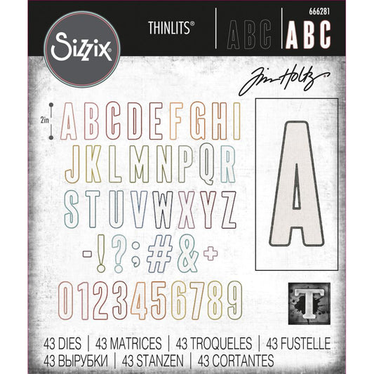 Bulletin, Alphanumeric ... Thinlits - Die Cutting Templates by Tim Holtz and Sizzix (no. 666281).  This stylish set includes uppercase alphabet, numbers and punctuation is the style of tall block typeface (condensed sans serif) with an outline effect. Bulletin Alphanumeric Thinlits is 2" tall and includes the letters A to Z, 0 to 9, plus dash, exclamation mark, question mark, semi colon, hashtag, ampersand (and), and plus sign (one of each).