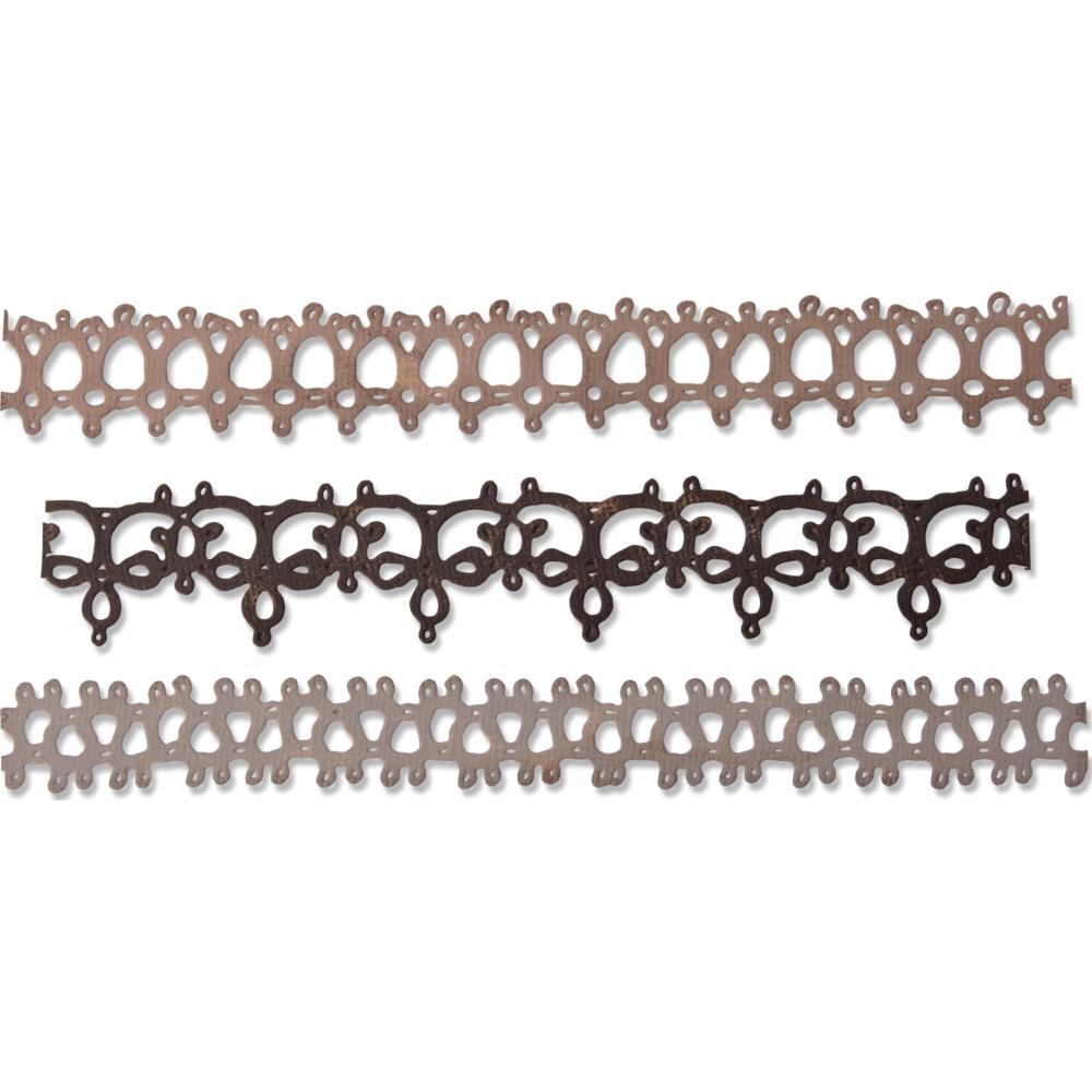 Crochet (set 2) Thinlits Die Cutting Templates by Tim Holtz and Sizzix (no.664413). No need to crochet your paper edging anymore... this set of 3 (three) templates will do the work for you. With 3 intricately designed strips, you can add the look of crochet to all your crafty projects. At closer inspection, it looks more like tatting or bobbin lace work. Whatever you call them, they're so pretty! Overview.