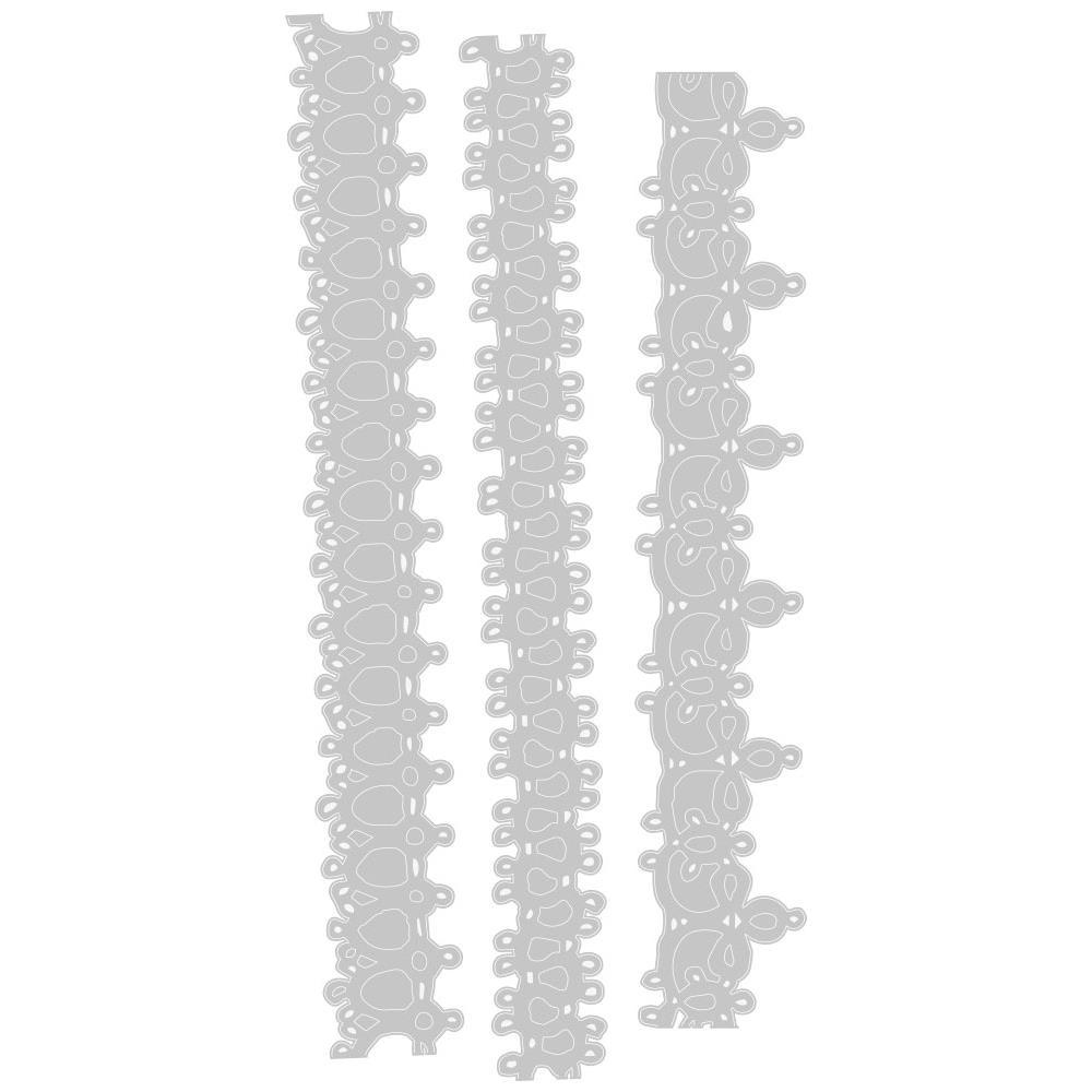 Crochet (set 2) Thinlits Die Cutting Templates by Tim Holtz and Sizzix (no.664413). No need to crochet your paper edging anymore... this set of 3 (three) templates will do the work for you. With 3 intricately designed strips, you can add the look of crochet to all your crafty projects. At closer inspection, it looks more like tatting or bobbin lace work. Whatever you call them, they're so pretty! Template design.