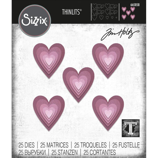 Hearts, Stacked Tiles ... Thinlits - Die Cutting Templates by Tim Holtz and Sizzix (no. 665858). 
Scatter your love in all directions with this pack of 25 (twenty five) hearts in 5 sizes (5 of each size). Stacked Tiles can be placed anywhere on your project to cut out as windows or for layers of mixed media and collage. Cut 25 at once or just a few. Sized from 7/8" x 7/8" to 1 3/4" x 1 3/4".